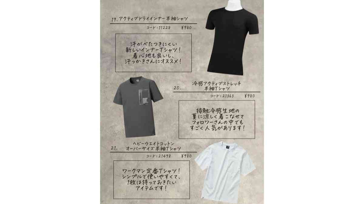※写真中央：ワークマン「冷感アクティブストレッチ半袖Tシャツ」画像出典：Instagram/リョウ?アウトドアのある暮らし。さん（https://www.instagram.com/p/Cvwyf1tPtex/?img_index=1）